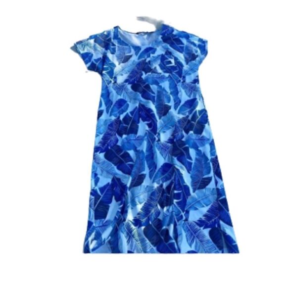 Land’s End  navy bright blue white abstract palm print Cotton midi dress SP - Picture 2 of 12